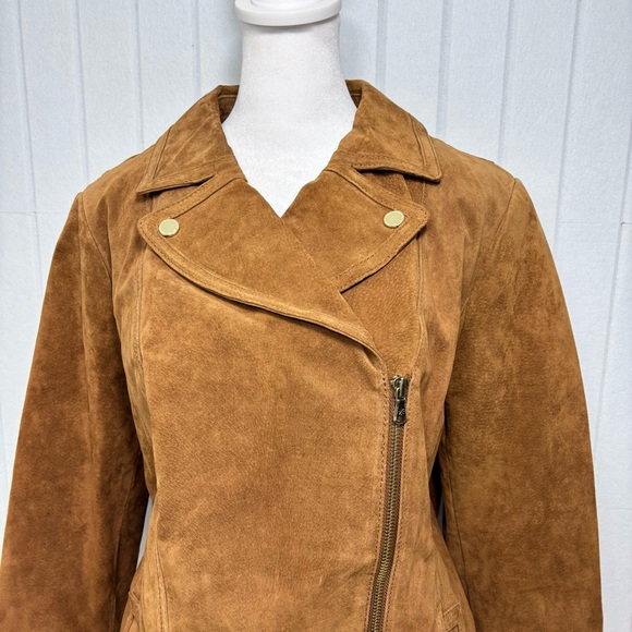 Isaac Mizrahi Leather Suede Motorcycle Moto Jacket Brown Gold Size 12 - Picture 3 of 13